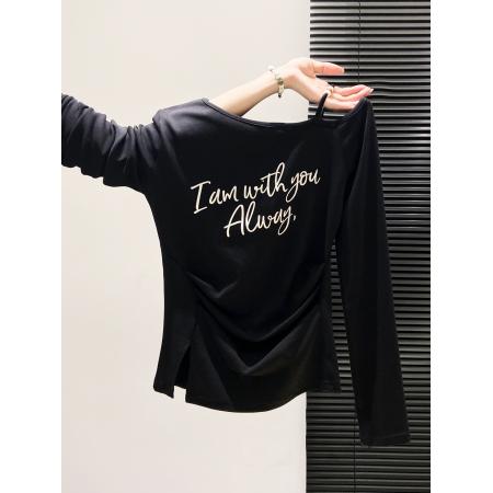 FA43642# 美式字母印花斜领露肩长袖T恤女秋季季新款褶皱修身显瘦上衣 服裝批發女裝批發服飾貨源