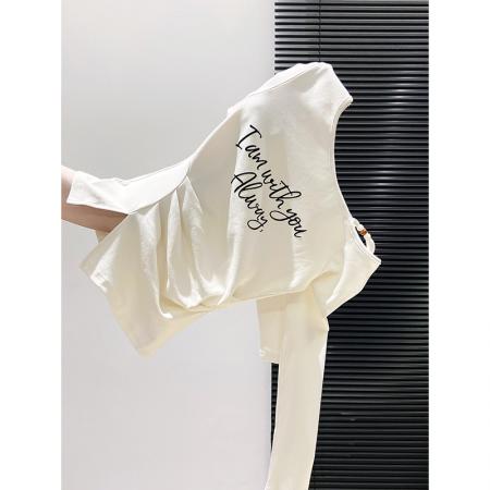 FA43642# 美式字母印花斜领露肩长袖T恤女秋季季新款褶皱修身显瘦上衣 服裝批發女裝批發服飾貨源