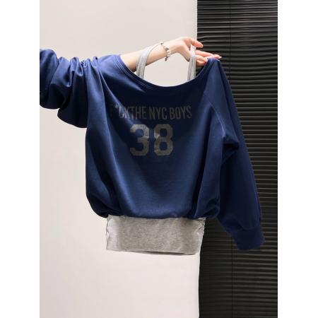 FA43643# 美式挂脖假两件印花卫衣女早秋新款宽松显瘦拼接露肩短款上衣 服裝批發女裝批發服飾貨源