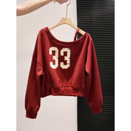 FA43644# 斜领印花长袖卫衣女早秋新款宽松显瘦休闲百搭短款露肩小上衣 服裝批發女裝批發服飾貨源