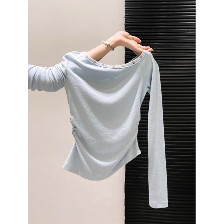 FA43645# 蓝色铆钉斜肩长袖t恤女早秋新款辣妹收腰显瘦性感露肩小上衣 服裝批發女裝批發服飾貨源