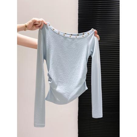 FA43645# 蓝色铆钉斜肩长袖t恤女早秋新款辣妹收腰显瘦性感露肩小上衣 服裝批發女裝批發服飾貨源
