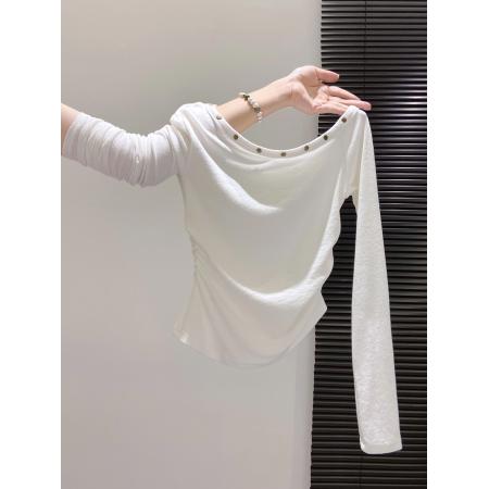 FA43645# 蓝色铆钉斜肩长袖t恤女早秋新款辣妹收腰显瘦性感露肩小上衣 服裝批發女裝批發服飾貨源