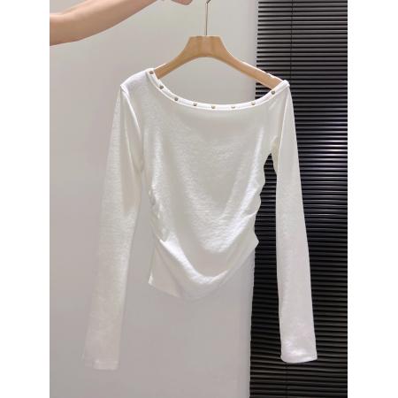 FA43645# 蓝色铆钉斜肩长袖t恤女早秋新款辣妹收腰显瘦性感露肩小上衣 服裝批發女裝批發服飾貨源