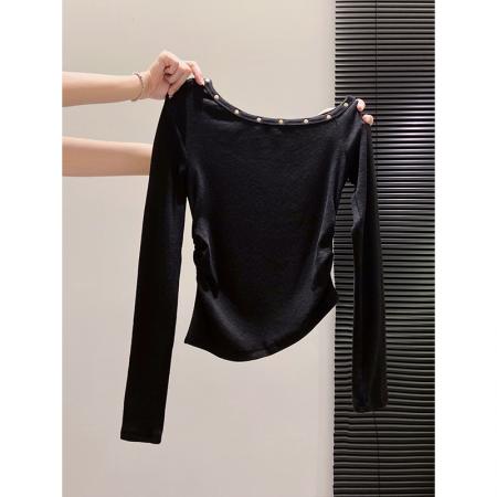 FA43645# 蓝色铆钉斜肩长袖t恤女早秋新款辣妹收腰显瘦性感露肩小上衣 服裝批發女裝批發服飾貨源