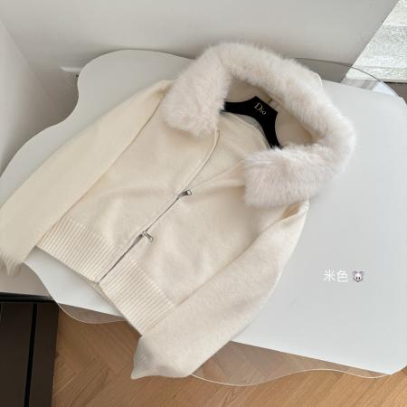 FA43650# 外套女新款连帽短款美拉德春秋针织开衫小个子狐狸毛领 服裝批發女裝批發服飾貨源