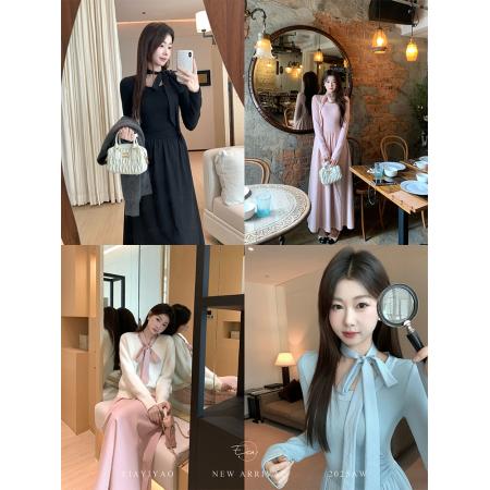 FA43651# 温柔风蝴蝶结挂脖露背连衣裙女秋季新款收腰显瘦减龄A字长裙 服裝批發女裝批發服飾貨源