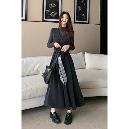 FA43653# 咖色古风套装裙女秋季新款打底衣背心裙大码两件套 服裝批發女裝批發服飾貨源