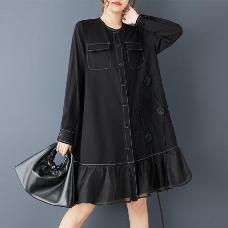 FA43655# 春秋新款宽松时尚暗黑风设计明线立体花朵蕾丝拼接网纱连衣裙 服裝批發女裝批發服飾貨源