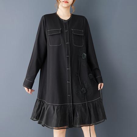 FA43655# 春秋新款宽松时尚暗黑风设计明线立体花朵蕾丝拼接网纱连衣裙 服裝批發女裝批發服飾貨源