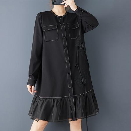 FA43655# 春秋新款宽松时尚暗黑风设计明线立体花朵蕾丝拼接网纱连衣裙 服裝批發女裝批發服飾貨源
