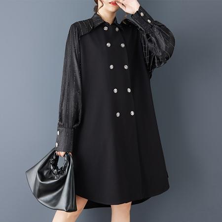 FA43656# 春秋新款宽松时尚暗黑风设计重工拼接气质百搭西装连衣裙外套 服裝批發女裝批發服飾貨源