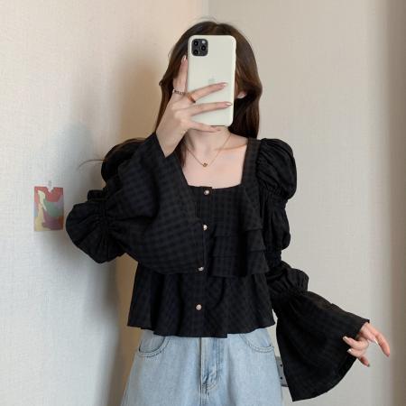 FA43661# 法式小众衬衫春新款女别致设计感藕节袖上衣大码 服裝批發女裝批發服飾貨源