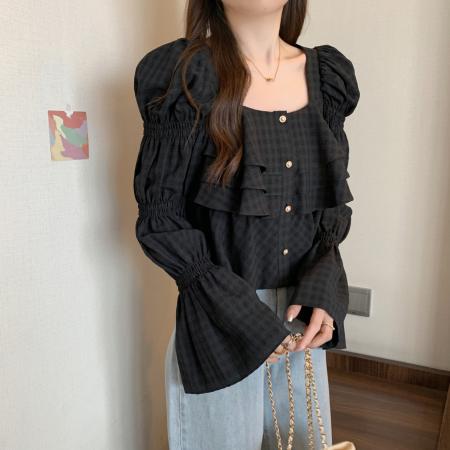 FA43661# 法式小众衬衫春新款女别致设计感藕节袖上衣大码 服裝批發女裝批發服飾貨源