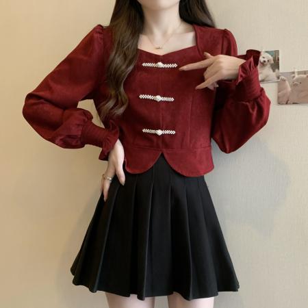 FA43663# 新中式盘扣小香风短上衣女秋季新款设计感小众大码小衫 服裝批發女裝批發服飾貨源