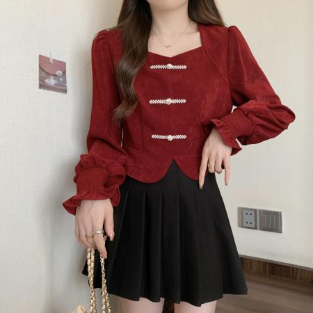 FA43663# 新中式盘扣小香风短上衣女秋季新款设计感小众大码小衫 服裝批發女裝批發服飾貨源