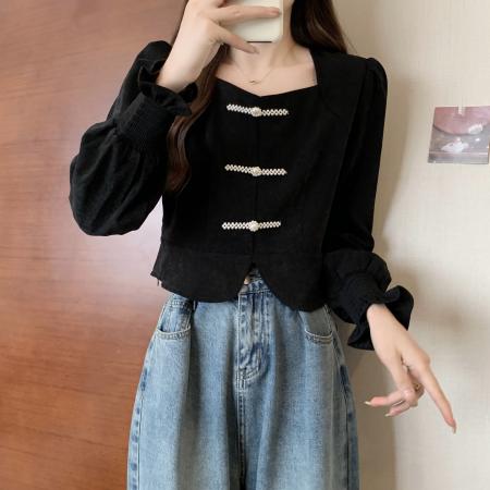 FA43663# 新中式盘扣小香风短上衣女秋季新款设计感小众大码小衫 服裝批發女裝批發服飾貨源