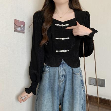 FA43663# 新中式盘扣小香风短上衣女秋季新款设计感小众大码小衫 服裝批發女裝批發服飾貨源