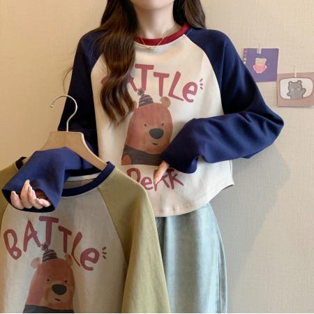 FA43664# 复古撞色短t女短款休闲圆领长袖上衣春装大码卡通图案卫衣 服裝批發女裝批發服飾貨源
