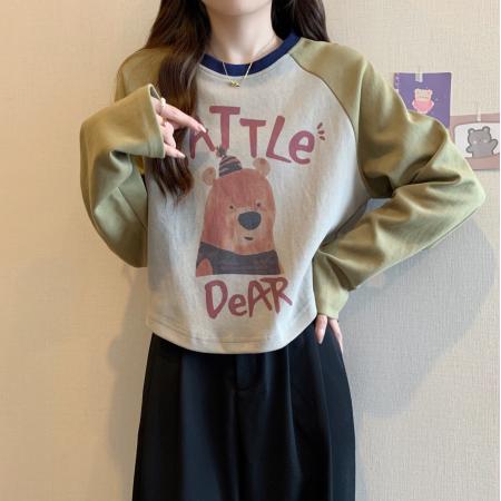 FA43664# 复古撞色短t女短款休闲圆领长袖上衣春装大码卡通图案卫衣 服裝批發女裝批發服飾貨源