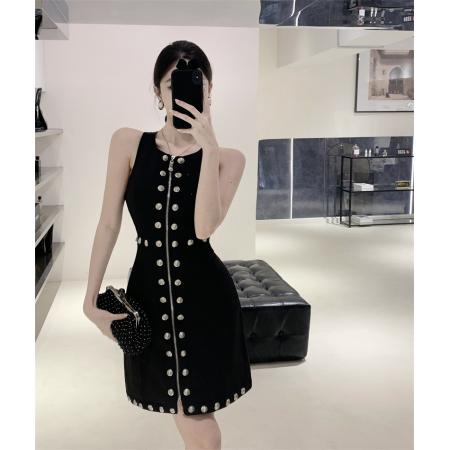 FA43669# 赫本小香风金属排扣重工圆领无袖气质收腰中长款连衣裙 服裝批發女裝批發服飾貨源