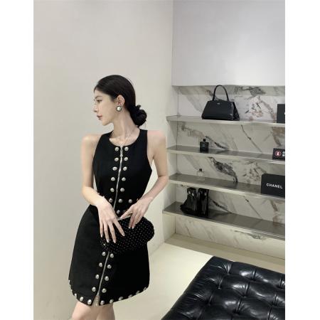 FA43669# 赫本小香风金属排扣重工圆领无袖气质收腰中长款连衣裙 服裝批發女裝批發服飾貨源