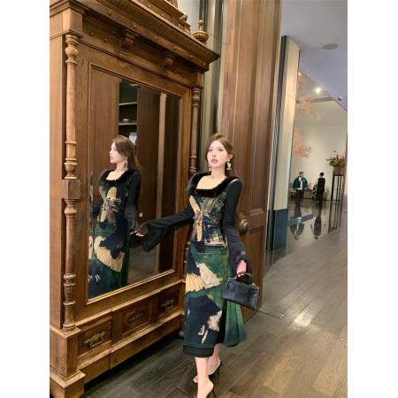 FA43671# 中世纪复古欧洲油画风环保毛大方领鱼尾连衣裙长裙 服裝批發女裝批發服飾貨源