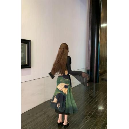 FA43671# 中世纪复古欧洲油画风环保毛大方领鱼尾连衣裙长裙 服裝批發女裝批發服飾貨源