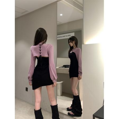 FA43672# 拼接后系带垫肩秋冬连衣裙设计感收腰显瘦卫衣裙辣妹 服裝批發女裝批發服飾貨源