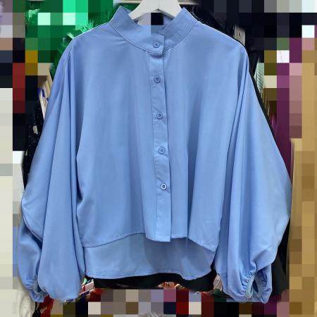 FA43678# 时尚不规则设计感前短后长立领单排扣灯笼袖衬衫宽松上衣 服裝批發女裝批發服飾貨源