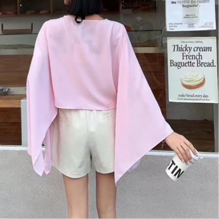 FA43680# 秋新款小众设计感V领扭结喇叭长袖衬衫法式短款雪纺上衣 服裝批發女裝批發服飾貨源