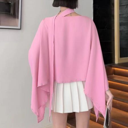 FA43682# 高级感秋装慵懒风不规则蝙蝠袖衬衫秋时尚钉珠宽松罩衫 服裝批發女裝批發服飾貨源