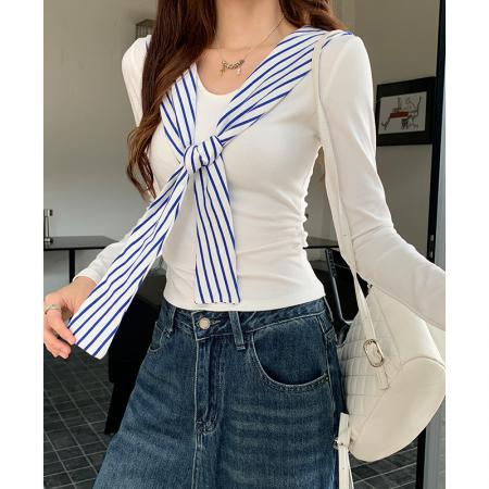 FA43690# 蓝色条纹披肩v领t恤女早秋高级感韩系修身打底内搭褶皱 服裝批發女裝批發服飾貨源