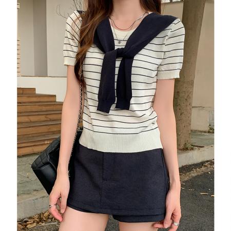 FA43692# 灰色条纹披肩假两件正肩针织衫短袖女夏季新款宽松半袖 服裝批發女裝批發服飾貨源