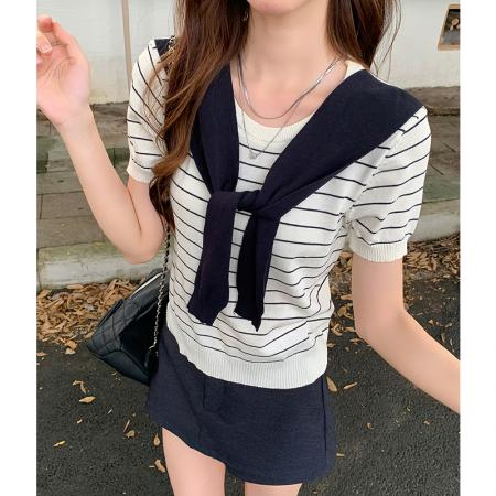 FA43692# 灰色条纹披肩假两件正肩针织衫短袖女夏季新款宽松半袖 服裝批發女裝批發服飾貨源