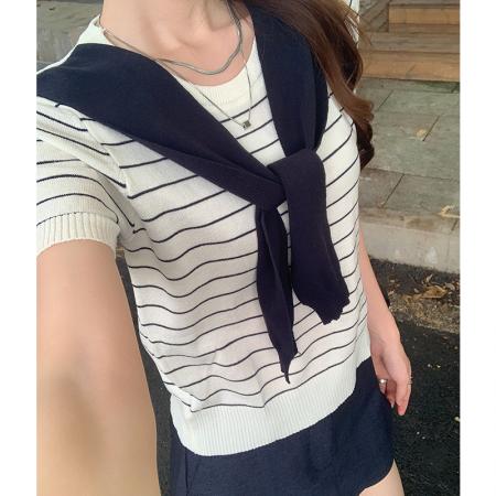 FA43692# 灰色条纹披肩假两件正肩针织衫短袖女夏季新款宽松半袖 服裝批發女裝批發服飾貨源