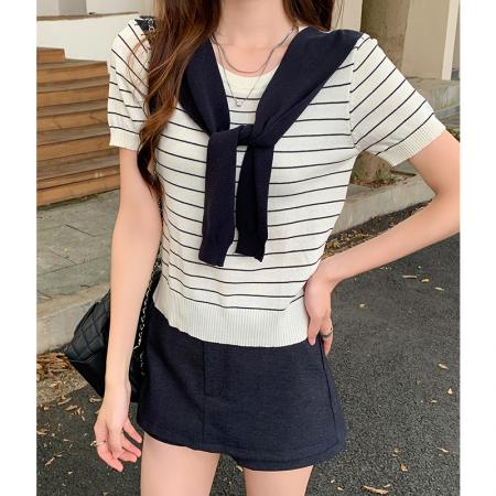 FA43692# 灰色条纹披肩假两件正肩针织衫短袖女夏季新款宽松半袖 服裝批發女裝批發服飾貨源