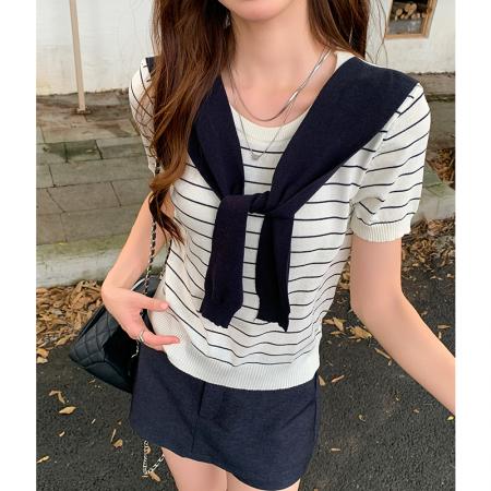 FA43692# 灰色条纹披肩假两件正肩针织衫短袖女夏季新款宽松半袖 服裝批發女裝批發服飾貨源