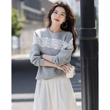 FA43693# 浪漫蕾丝花边拼接卫衣女秋季新款甜美风圆领长袖休闲上衣 服裝批發女裝批發服飾貨源