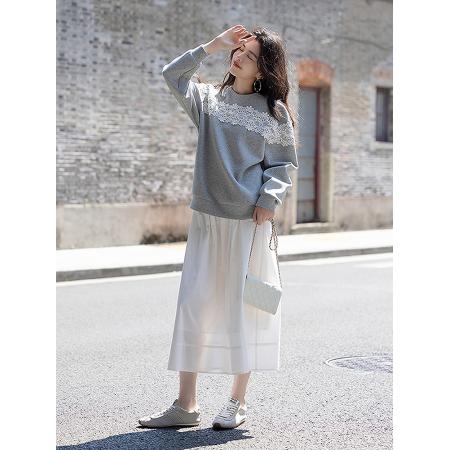 FA43693# 浪漫蕾丝花边拼接卫衣女秋季新款甜美风圆领长袖休闲上衣 服裝批發女裝批發服飾貨源