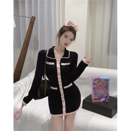 FA43697# 甜桃罗曼史气质撞色香风修身针织连衣裙 服裝批發女裝批發服飾貨源