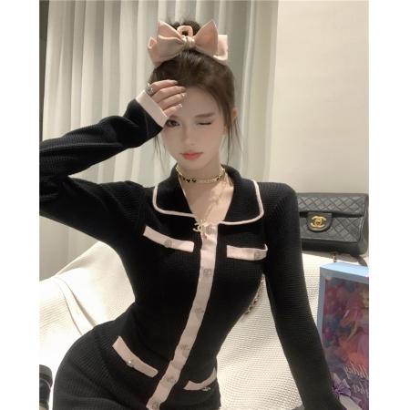 FA43697# 甜桃罗曼史气质撞色香风修身针织连衣裙 服裝批發女裝批發服飾貨源