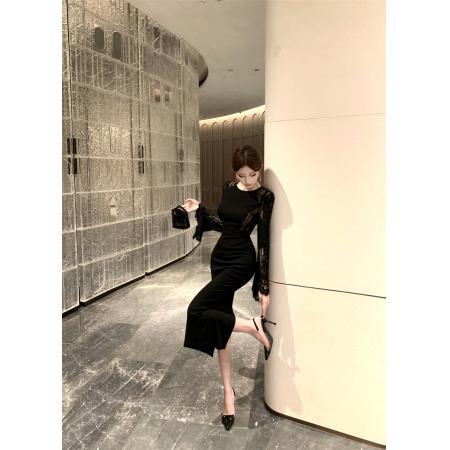 FA43698# 优雅高级感气质女神秋冬打底外穿蕾丝拼接小黑裙长裙 服裝批發女裝批發服飾貨源