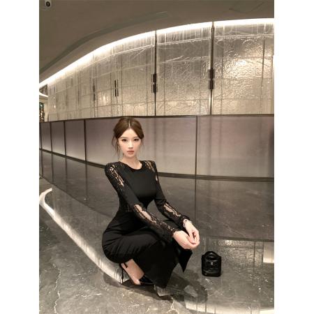 FA43698# 优雅高级感气质女神秋冬打底外穿蕾丝拼接小黑裙长裙 服裝批發女裝批發服飾貨源