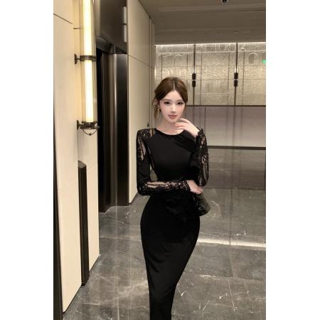 FA43698# 优雅高级感气质女神秋冬打底外穿蕾丝拼接小黑裙长裙 服裝批發女裝批發服飾貨源