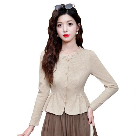 FA43699# 时尚设计感圆领长袖T恤女新款减龄修身显瘦洋气上衣 服裝批發女裝批發服飾貨源