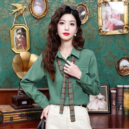 FA43701# 深邃松林港风复古纯色气质长袖百搭宽松衬衫 服裝批發女裝批發服飾貨源