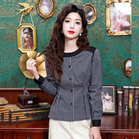 FA43702# 设计感小众格子衬衫女秋季减龄收腰显瘦设计感收腰衬衣 服裝批發女裝批發服飾貨源