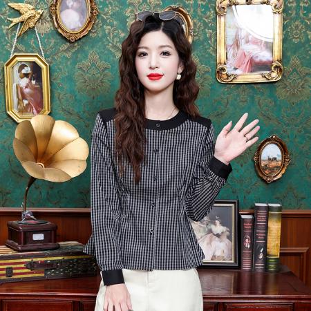 FA43702# 设计感小众格子衬衫女秋季减龄收腰显瘦设计感收腰衬衣 服裝批發女裝批發服飾貨源