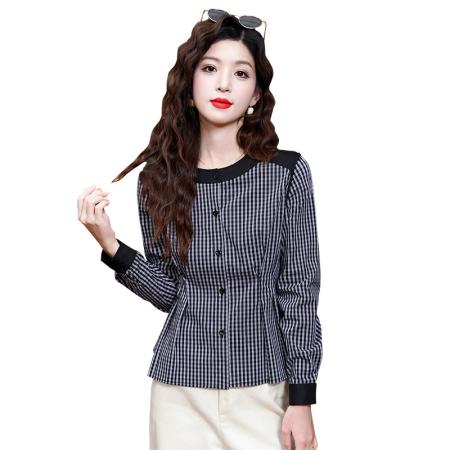 FA43702# 设计感小众格子衬衫女秋季减龄收腰显瘦设计感收腰衬衣 服裝批發女裝批發服飾貨源